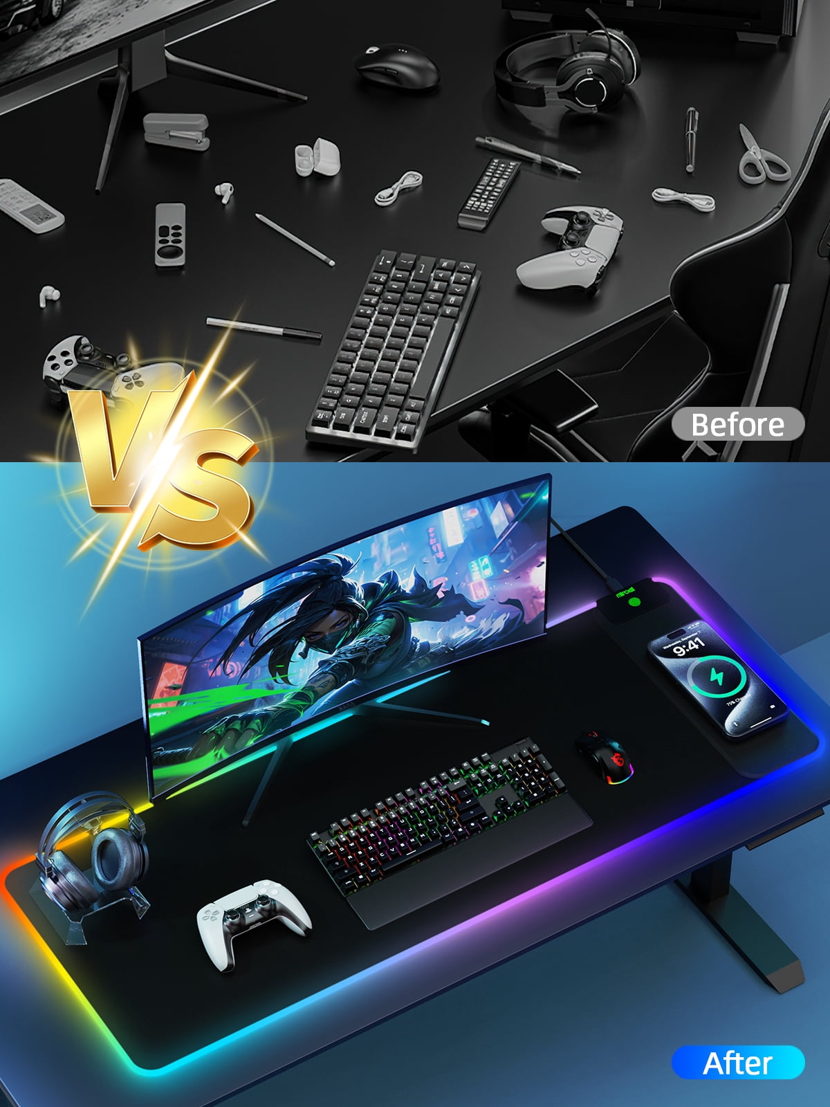 Miroddi RGB Gaming Mouse Pad with Magnetic Wireless Charging, 15W Fast Charging LED Desk Pad 31.5 x 11.81, Large Computer Keyboard Mat for Home, Office