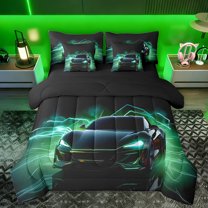 Manfei Colorful Racing Car 7-Piece Bedding Comforter Set,Speed Game King Bedding Sets,Green Black Vehicle Bed Sheets For Kids,Breathable Home Decor Reversible