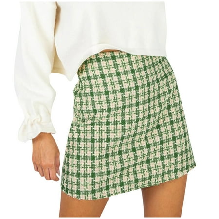 

Charella Women Fashion Casual High Waist Lattice Print Elastic Waist Zipper Short Skirt Green XL