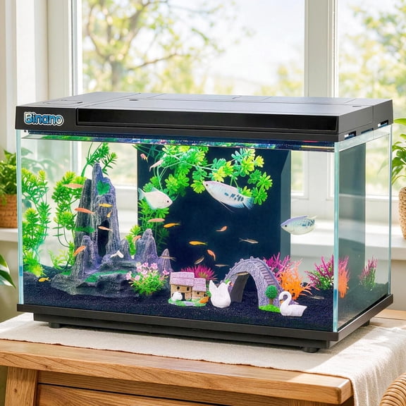 17.6×9.7×11.3 In Fish Tank Kit with Digital Temp Monitor, 3-Level Adjustable Flow, Hidden Base Storage, Multi-Side Filter Placement & 6-Color LED fish tank with filter and light for Bettas Goldfish