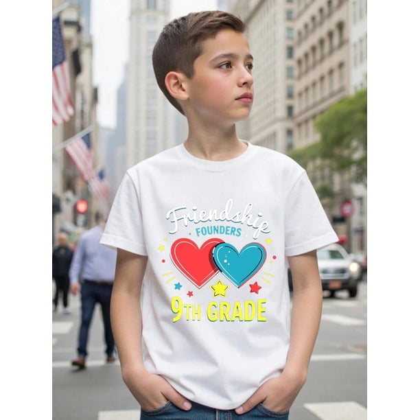 Boys/Girls Friendship Theme Back To School Cotton Graphic Tees, Black Casual Style Summer Tops With Heart And Star Pattern, Gift For First Day Of School