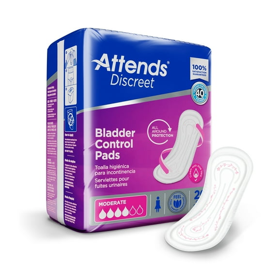 Attends Discreet Bladder Control Pad Moderate Absorbency Polymer Female Disposable, Pack of 20