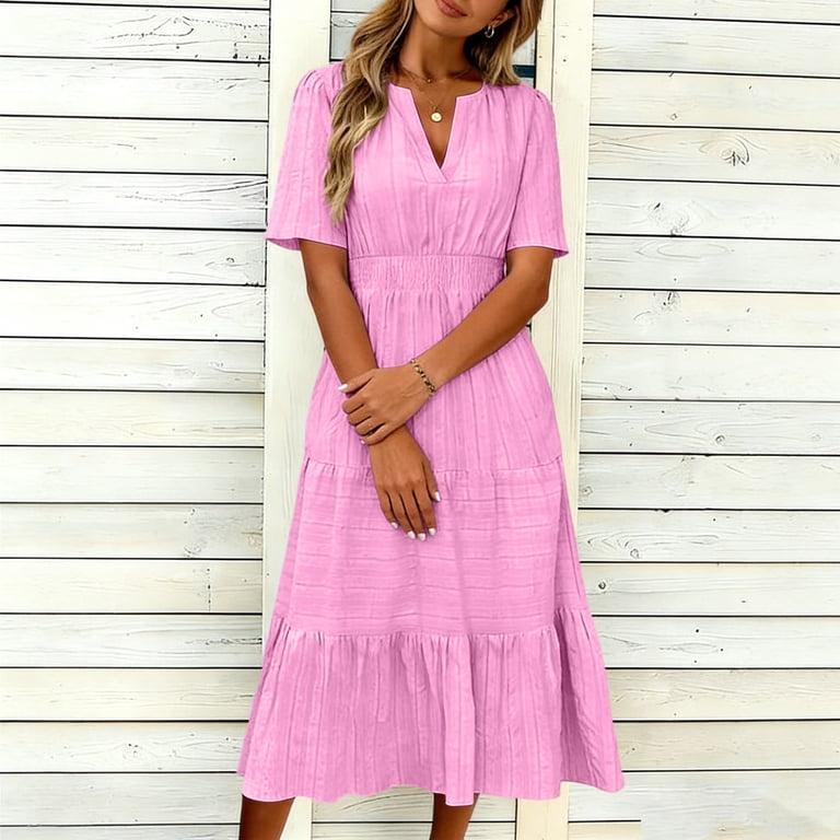 Qzwdhjm Tiered Linen Dress for Women Short Sleeve V Neck Midi Dress with  Elastic Waist and Pockets for Summer Beach Travel - Walmart.com