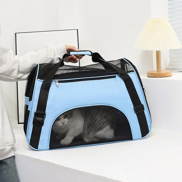 Portador de gatos cómodo conveniente conveniente liviano fácil de transportar transportista de perros de cara blanda para mascotas pequeñas , Azul, S