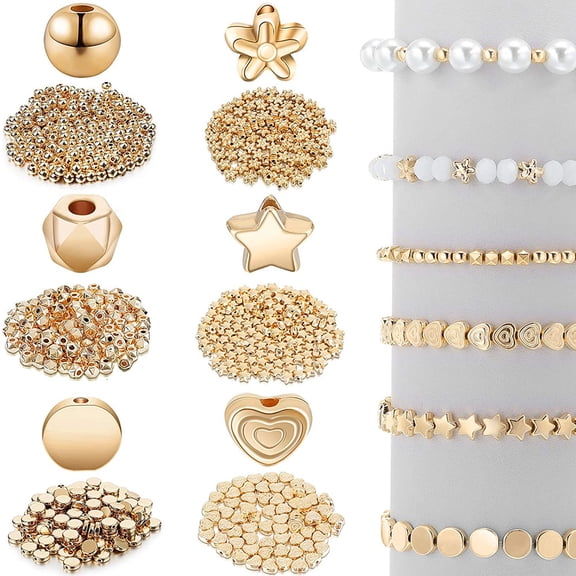 1200Pcs 6Styles Gold Spacer Beads Assorted Jewelry Making Loose Beads for DIY Bracelet Necklace Earring Craft Making（gold）