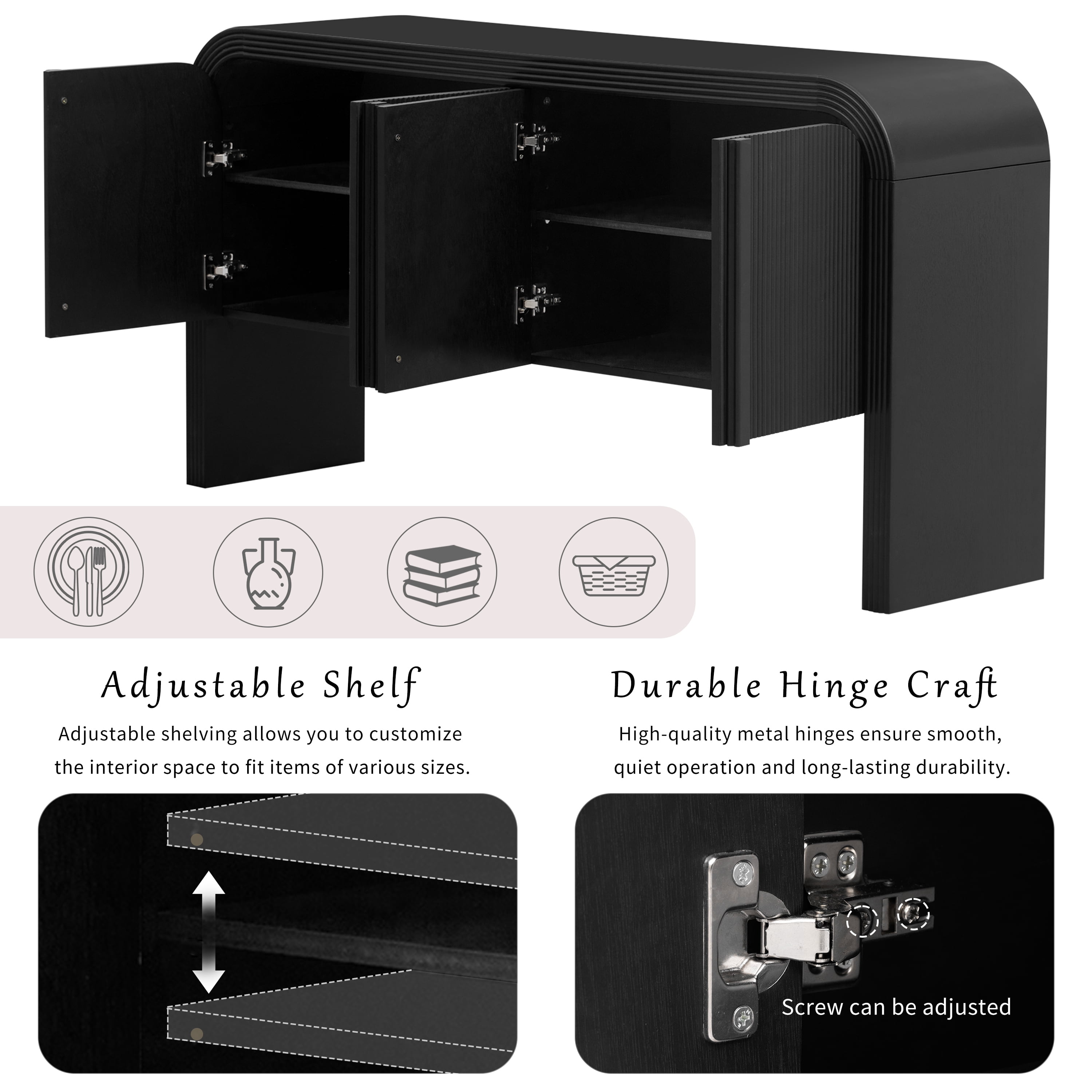 Aukfa 63 "Console Table Striped 4-Door Sideboard Storage Cabinets for Hallway Living Room,Black