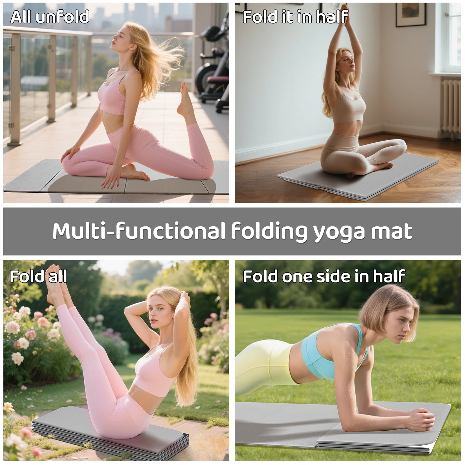 LAMEI 8mm Thick Foldable Yoga Mat - 3-in-1 Folding TPE Non-Slip Mat for All-Level Yoga, Tear-Resistant & Quick-Flat Design, 71x24in (Grey+Black)