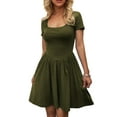 thumbnail image 3 of Women'S Summer Casual Short Sleeve Square Neck A Line Pleated Swing Dresses Short Dress with Pockets Army Green L, 3 of 8