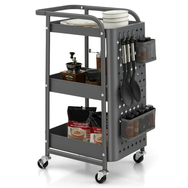 Gymax Chariot de Rangement Utilitaire à 3 Niveaux en Métal avec Paniers à Chevilles Gris