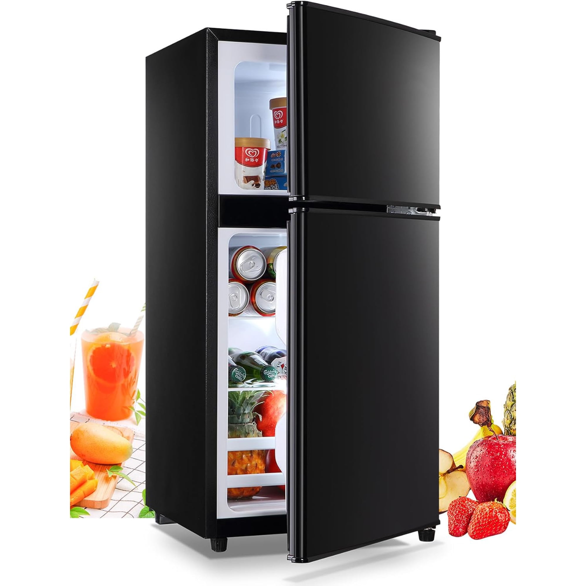 3.5 Cu.Ft Mini Fridge with Freezer and Lock, Double Door Compact Refrigerator, 7-Level Adjustable Thermostat, Energy Saving Low Noise, Removable Glass Shelves, Black
