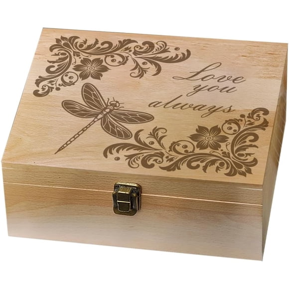 Boîte Souvenir en Bois à Thème Libellule « Love You Always » Boîte Nœud en Métal avec Couvercle à Charnière et Verrou Boîte de Rangement Décorative Boîte de Cache pour Photo Lettre Souvenir Bijoux 7.6x9.6x4inch