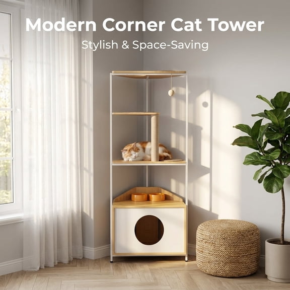 58.4" Corner Cat Tree Tower with Cat Condo, Scratching Post, Feeding Station and Climbing Platforms, Modern Indoor Cat Furniture, White and Light Oak