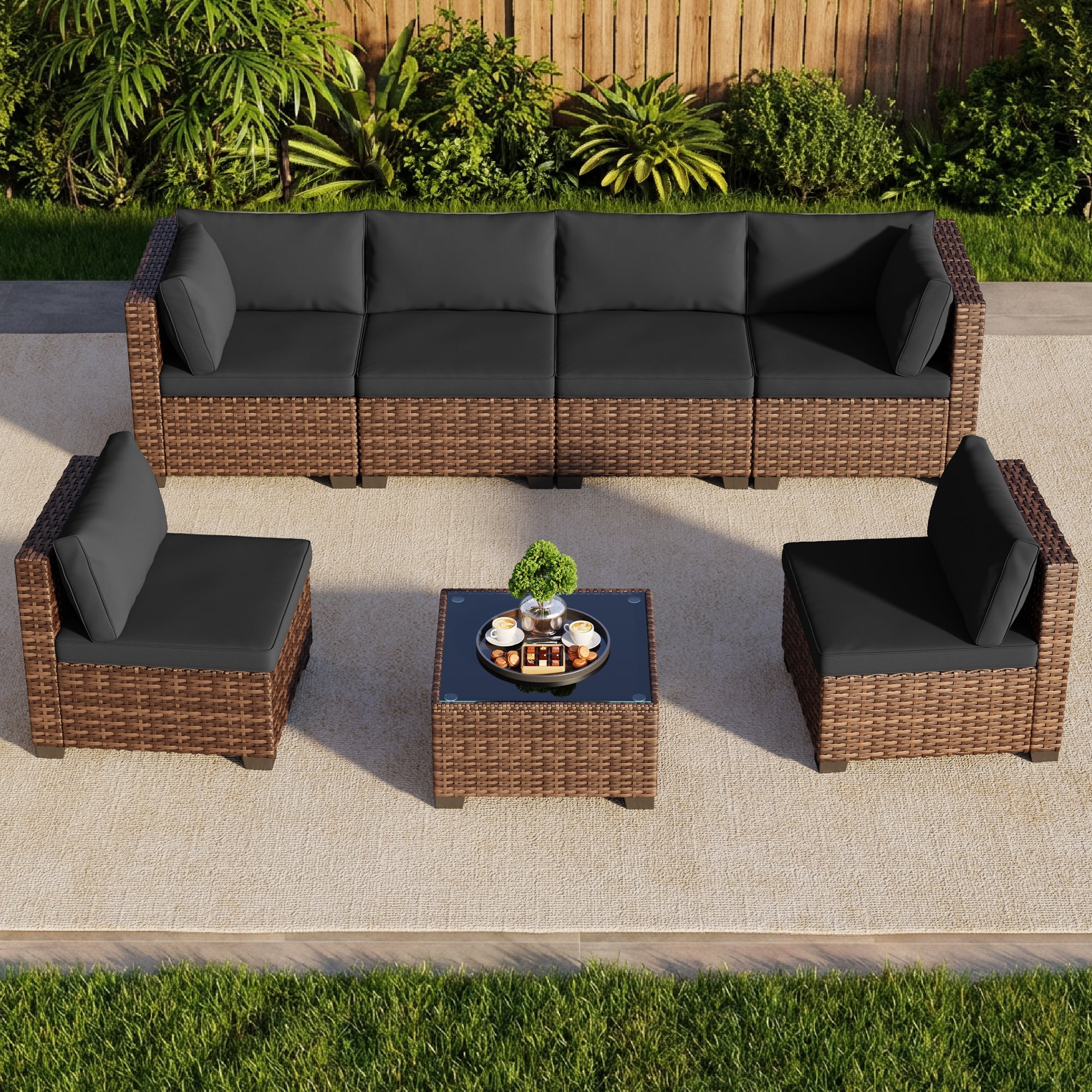 Noelse 7 Pieces Outdoor Patio Furniture Set, Wicker Sectional Sofa Set Sectional Conversation Sets with Cushions and Coffee Table for Garden, Balcony, Porch, Black
