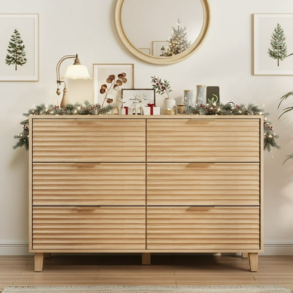 Vabches Modern 6 Drawer Dresser for Bedroom, Fluted Chest of Drawers, Natural