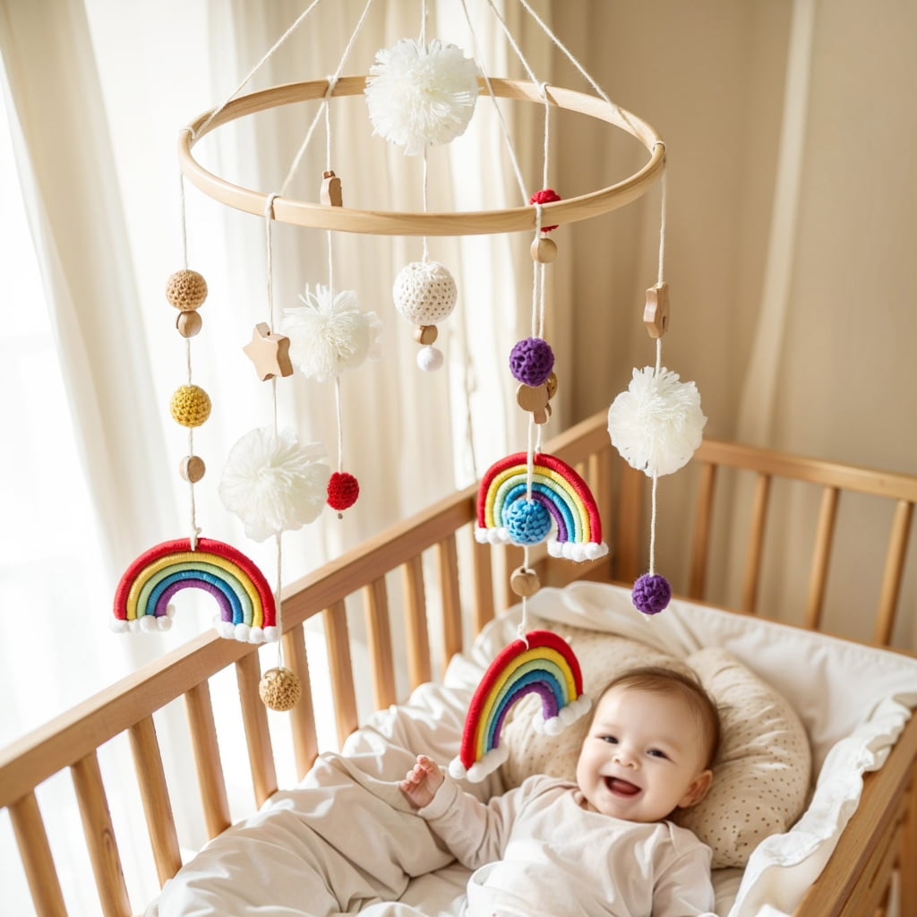 Zeiwohndc Wooden Rainbow Star Pendant Crib Mobile Nordic Nursery Decoration Hanging Toy