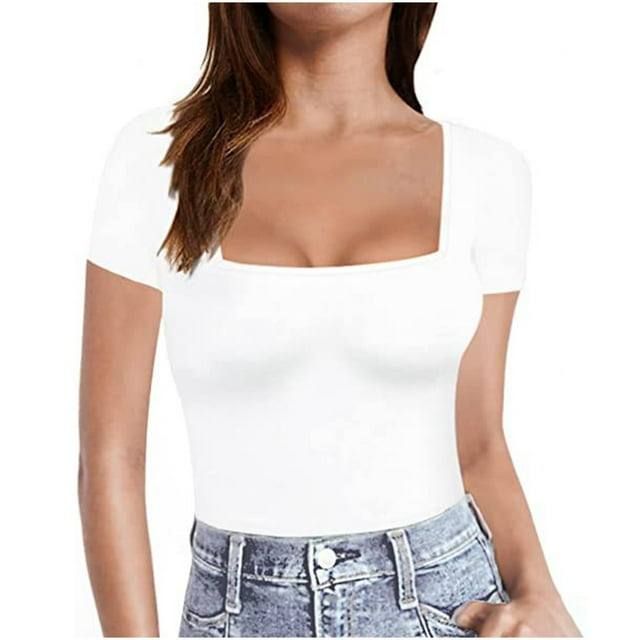 Yuyuzo Hauts d'Été à Manches Courtes pour Femmes, Col Carré, T-Shirts Slim Basiques
