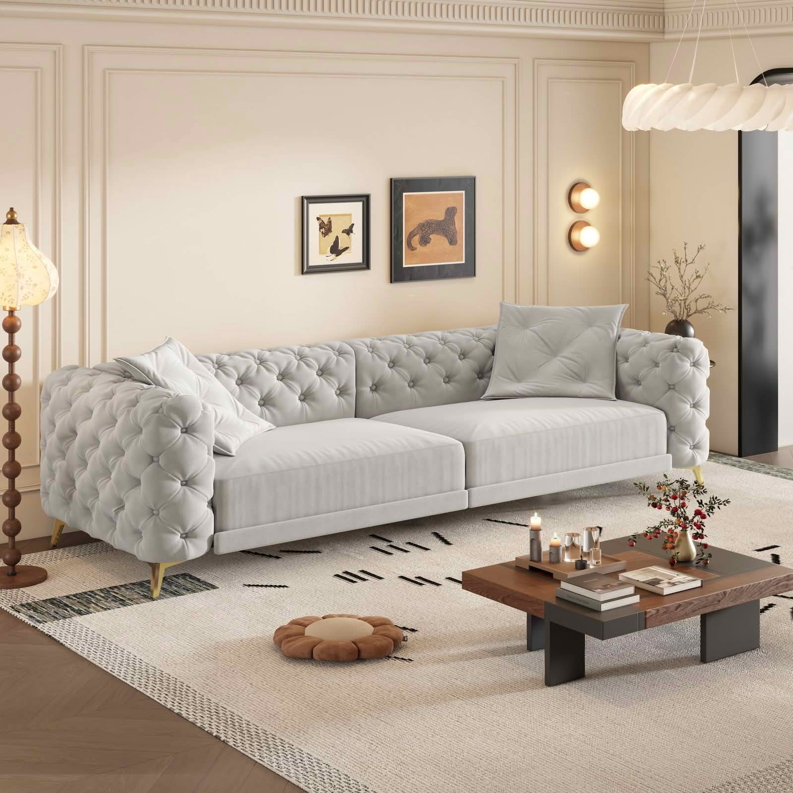 MAYEERTY 97.7" 3‑in‑1 Convertible Sleeper Sofa Bed, Deep‑Seat Tufted Velvet 4‑Seater Couch with Movable Ottoman, 2 Pillows Included