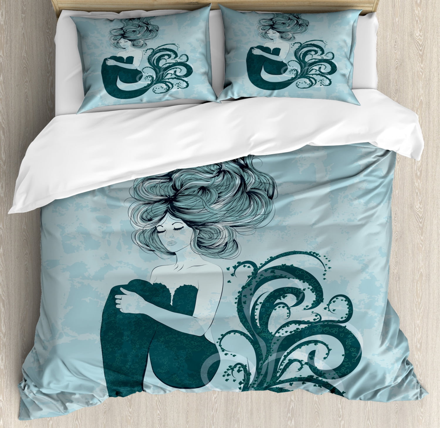 Mermaid Duvet Cover Set, Sleeping Mermaid Design With Wavy Hair Hand