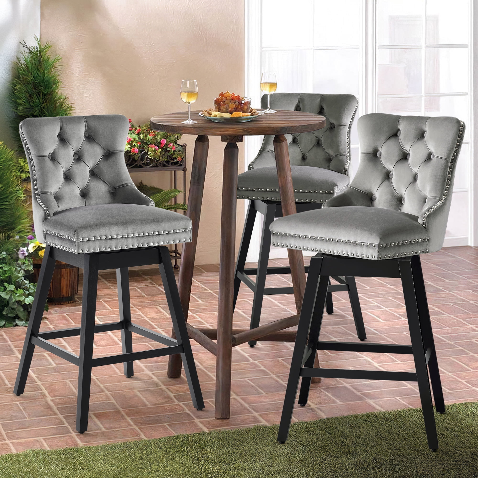 Tewloss 26" Swivel Bar Stools Set of 6 Velvet Counter Height Chairs for Home Kitchen Dining, Gray