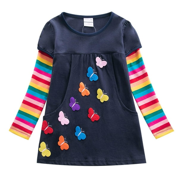 Vestido Para Niñas, Ropa Para Niñas, Ropa De Otoño Para Niños, Vestido De Manga Larga Con Bordado De Mariposa Y Dos Bolsillos De Arcoíris, Azul Marino Odeerbi LM103-201