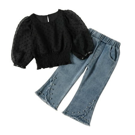 

Toddler Kids Baby Girls Puff Sleeve Lace Tulle T Shirt Tops Crop Denim Jeans Long Flare Pants 2PCS Outfits Clothes Set