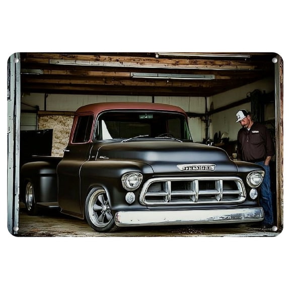1pc Vintage Classic Car Metal Tin Sign, 8x12 Inch Aluminum Wall Art, Retro Automobile Poster for Garage Decor, Home Decoration - Black Pickup Truck with White Walls and Chrome Accents, Car Decor
