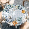 thumbnail image 2 of Blue Thanksgiving Pumpkin Round Tablecloth, Fitted Table Cover with Elastic for 45"-54" Round Tables, Fall Eucalyptus Leaves Plaid Table Cloth Outdoor Indoor Dinning Party Waterproof Tablecloths, 2 of 7
