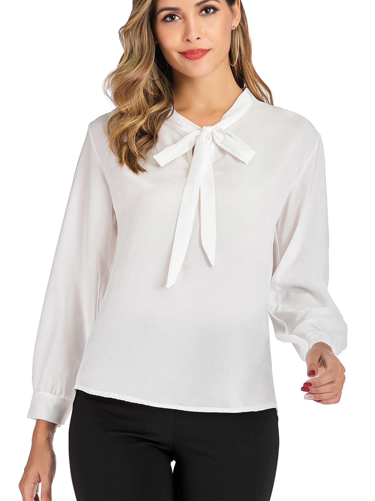 Womens Plus Size Chiffon Blouses Long Sleeve Casual V Neck Chiffon Blouses Tops Neck Ladies Work Shirt,White M-3XL - Walmart.com