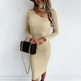 thumbnail image 2 of Pompotops Mode Femmes Aguichant Uni Manches Longues Ajusté Col Roulé Robe Ajourée, 2 of 7
