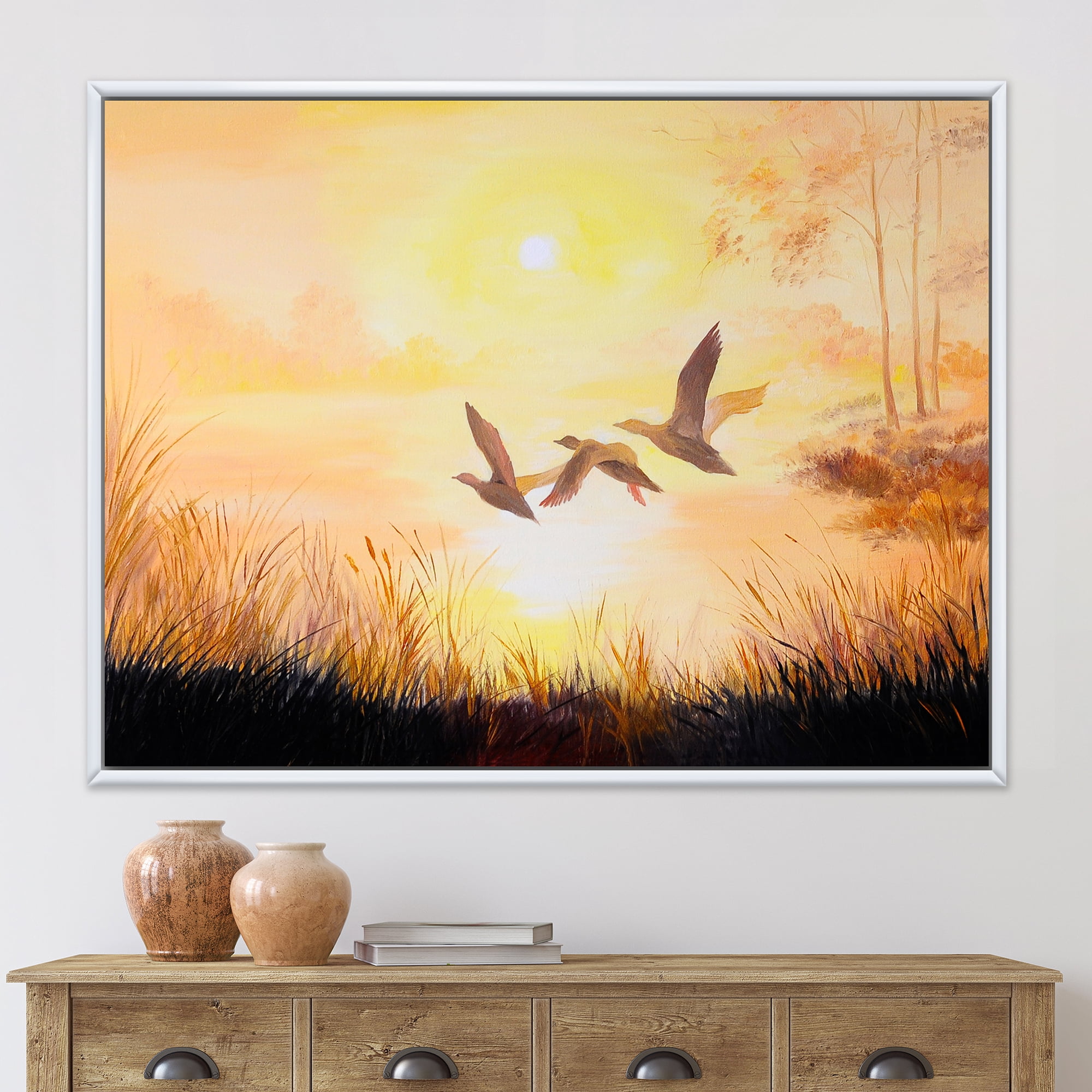 Three Cranes Flying Through Warm Sunset 32 in x 24 in Framed Painting Canvas Art Print, by Designart