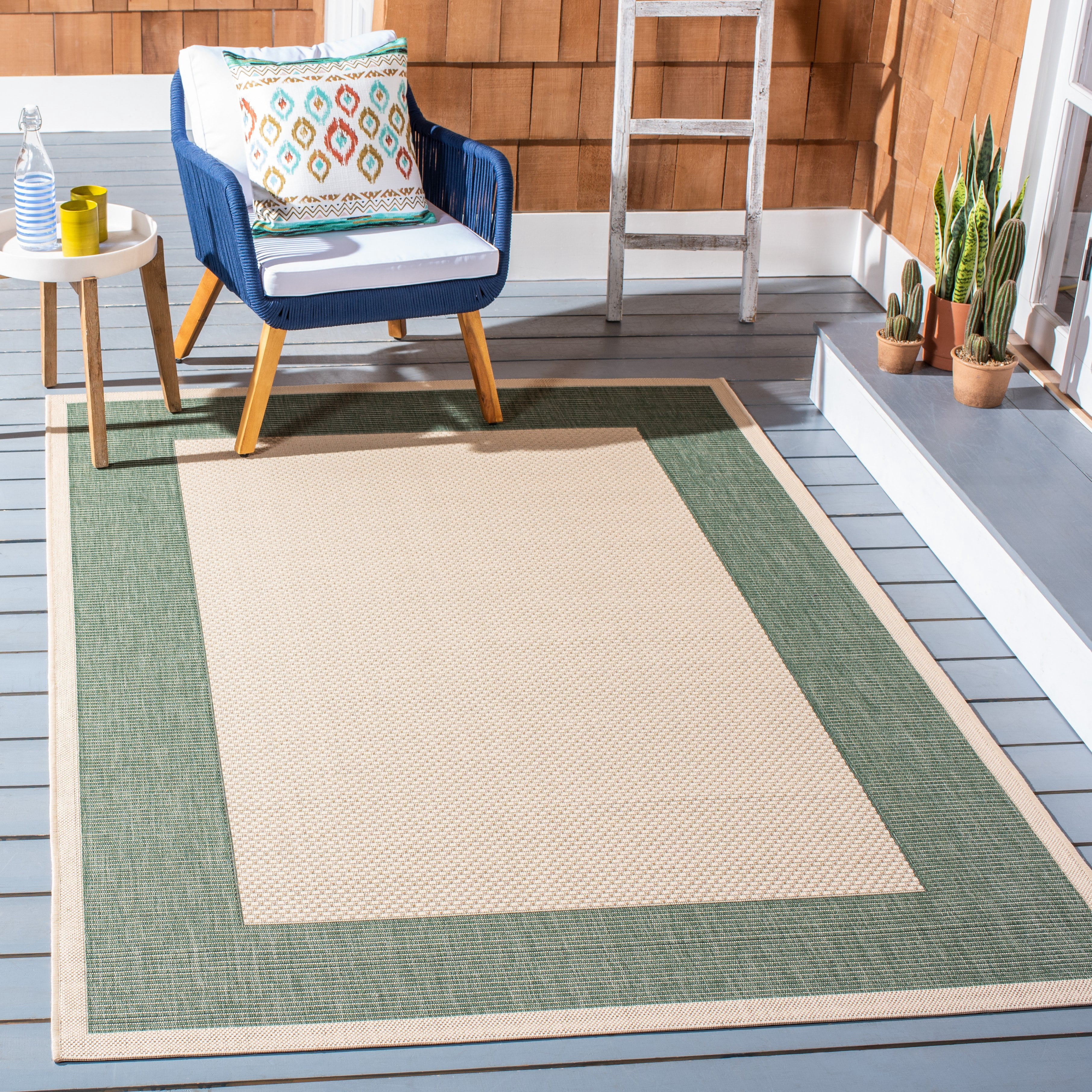 Safavieh Courtyard Justine Bordered Indoor/Outdoor Area Rug, Beige/Dark Green, 5'3" x 7'7"