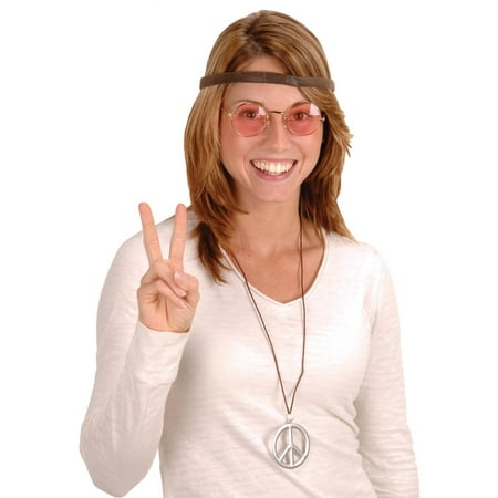 Club Pack of 12 Retro 60's Hippie Headband, Glasses and Peace Sign Necklace Costume Accessory Kits