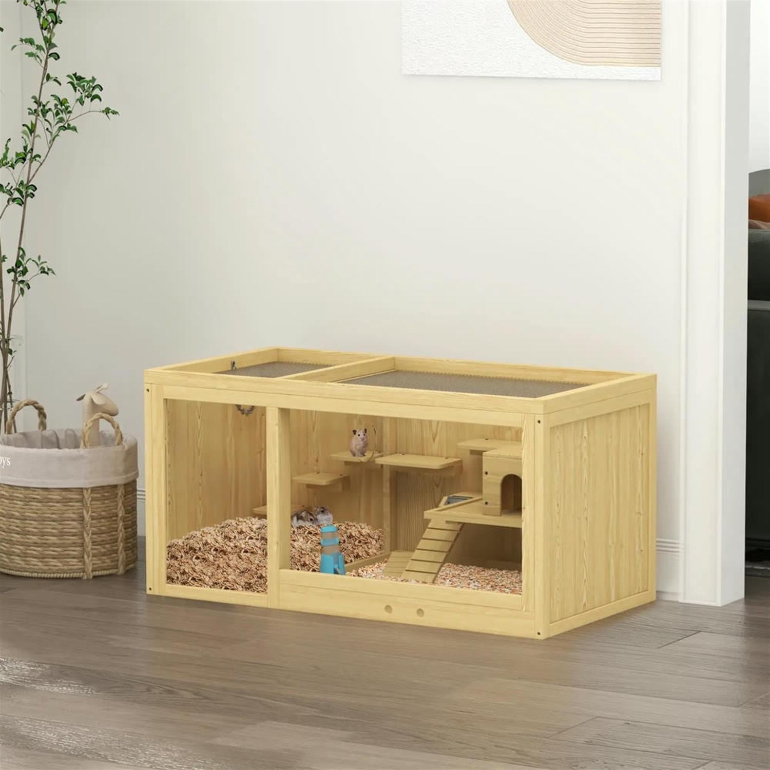 Kadyn 39" Wooden Hamster Cage with Pull-out Tray, Seesaws, Ladder, Large Small Animal Habitats for Guinea Pig Cages, Beige