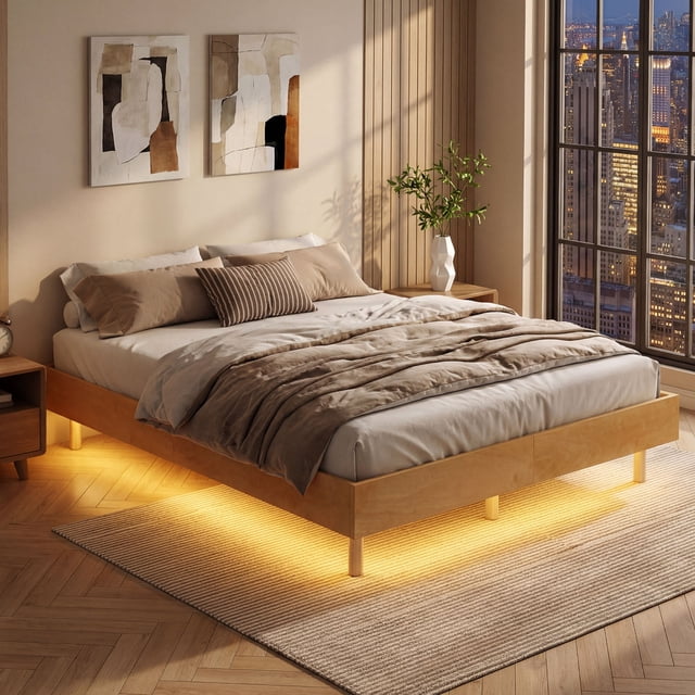 Costway Full Size Floating Bed Frame with LED Lights, 12 Inch Modern Wood Platform Bed