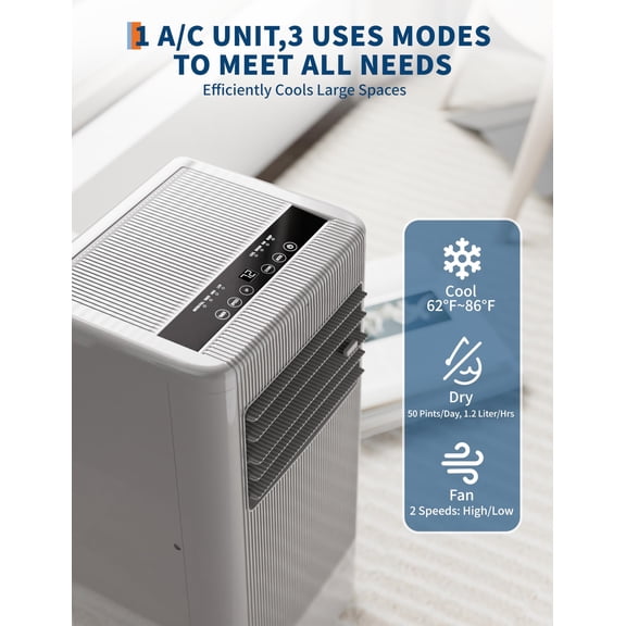 Quiet 3-in-1 Portable Air Conditioner 8,000 BTU – AC, Fan & Dehumidifier, Remote, 24H Timer, Window Kit, for Rooms up to 450 Sq.Ft – Bedroom, Apartment, Home – Black Control Panel, US Standard