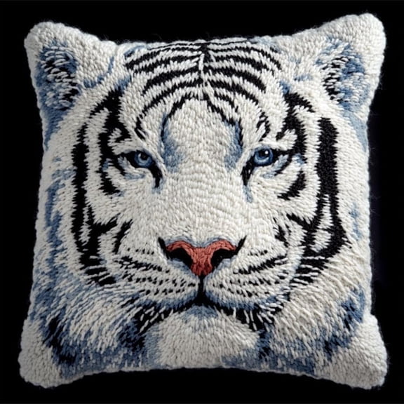 Latch Hook Cushion Kits for Adults White Tiger Head Rug Cover Pillowcase Kids Beginner DIY Needlework Embroidery Kits Handmade Set Craft Sofa Home Decor 43x43cm
