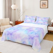 Manfei Girly Purple Watercolor Bed Sheets for Kids, Dreamy Galaxy Cloud King Sheets, Chic Artwork Sheet Set, Microfiber Bedroom Decor, 4-Piece