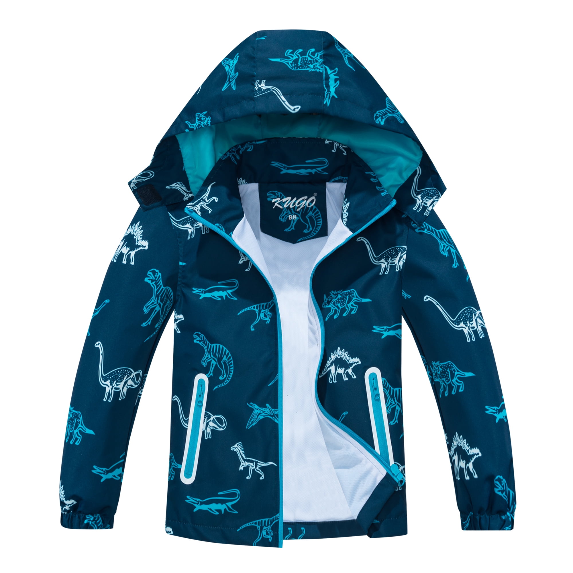 Hiheart Boys Hooded Rain Jacket Kids Dinosaur Waterproof Lined Raincoat