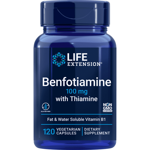 Life Extension Benfotiamine with Thiamine, healthy blood sugar metabolism support, 100 mg benfotiamine, cardiovascular health, brain health, non-GMO, gluten-free, 120 vegetarian capsules