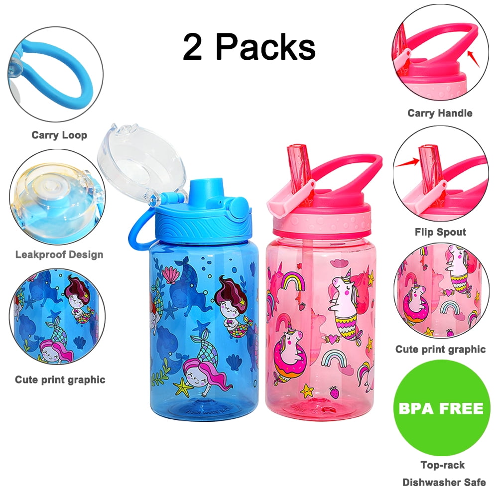2 Pcs Home Tune 16oz Kids Water Bottle BPA Free Straw Lid Carry Light Leak- Proof