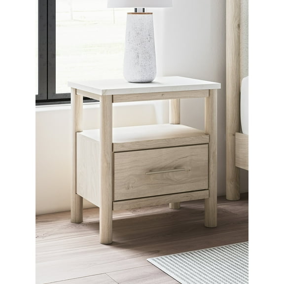 Signature Design by Ashley Cadmori One Drawer Nightstand with USB-C & Wireless Charging, Oak & Marble Look, Minimal Boho Style, Ambient Lighting