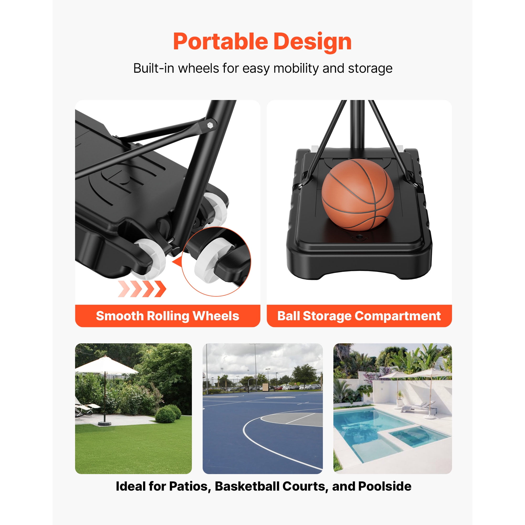 KFFKFF Portable Basketball Hoop with Adjustable Height, 5.2 to 6.9 ft, Kids Basketball Goal with Nylon Net and Wheels, Movable Backboard Set for Outdoor Use