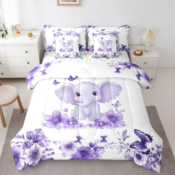 jejeloiu Cute Elephant Twin Bedding Sets 7-Piece,Zoo Animal Bedding Comforter Set,Purple Flower Butterflies Sheet Sets For Boys Girl,Super Cozy Room Decor Reversible