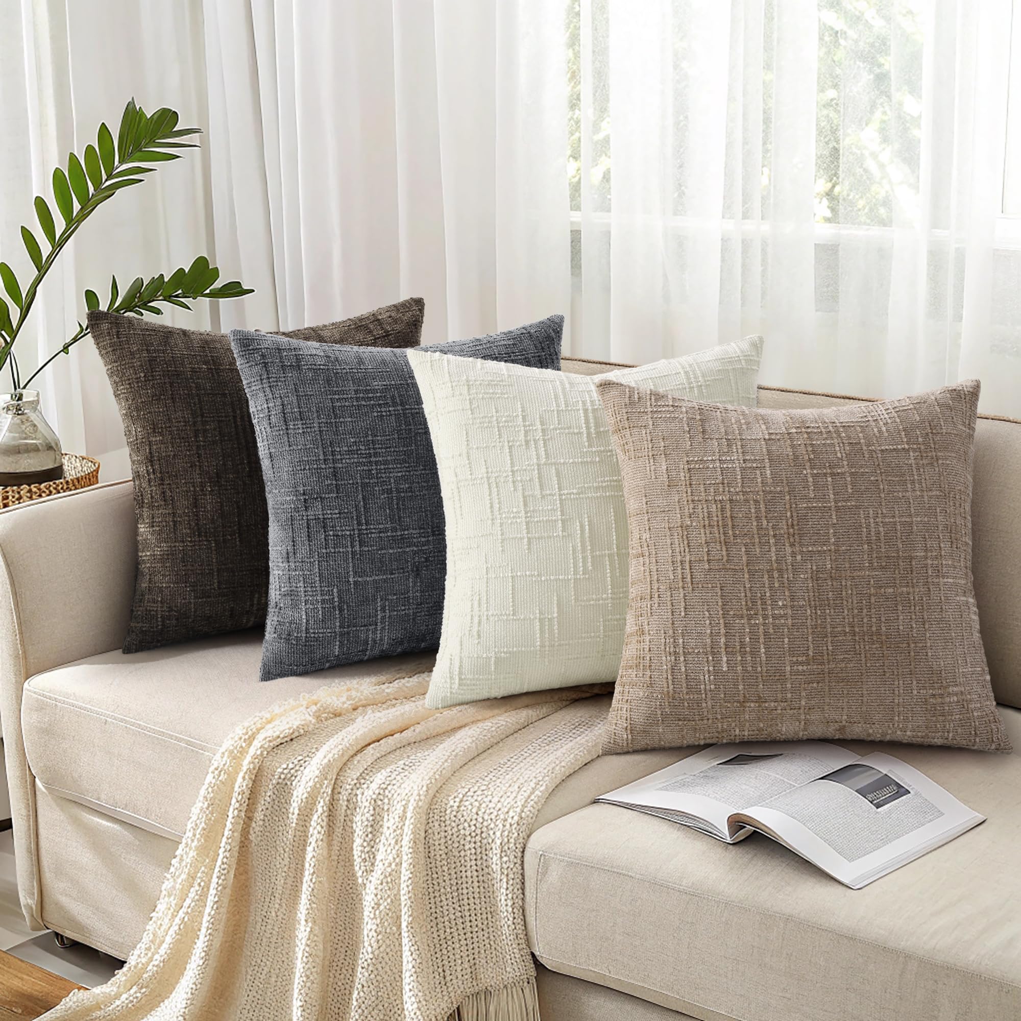 HAPPINESS Chenille Throw Pillow Covers 20x20 Set of 2 Thick Textured Slubby Couch Pillow Covers Farmhouse Accent Modern Neutral Decorative Pillow Cases for Bed Sofa Living Room