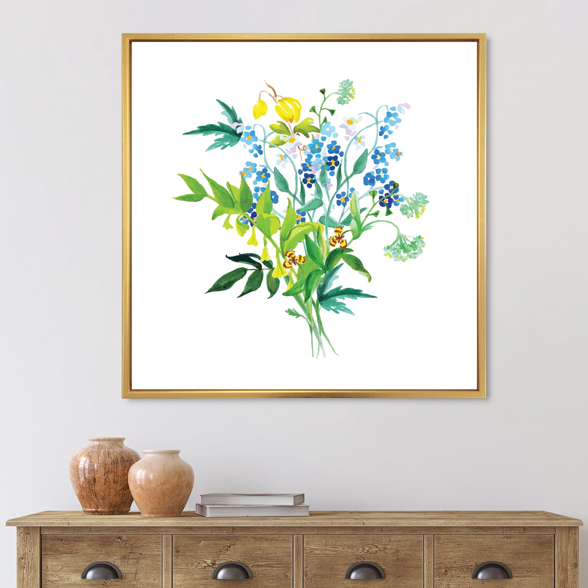 Designart 'Meadow Flowers Garland On White' Farmhouse Framed Canvas Wall Art Print
