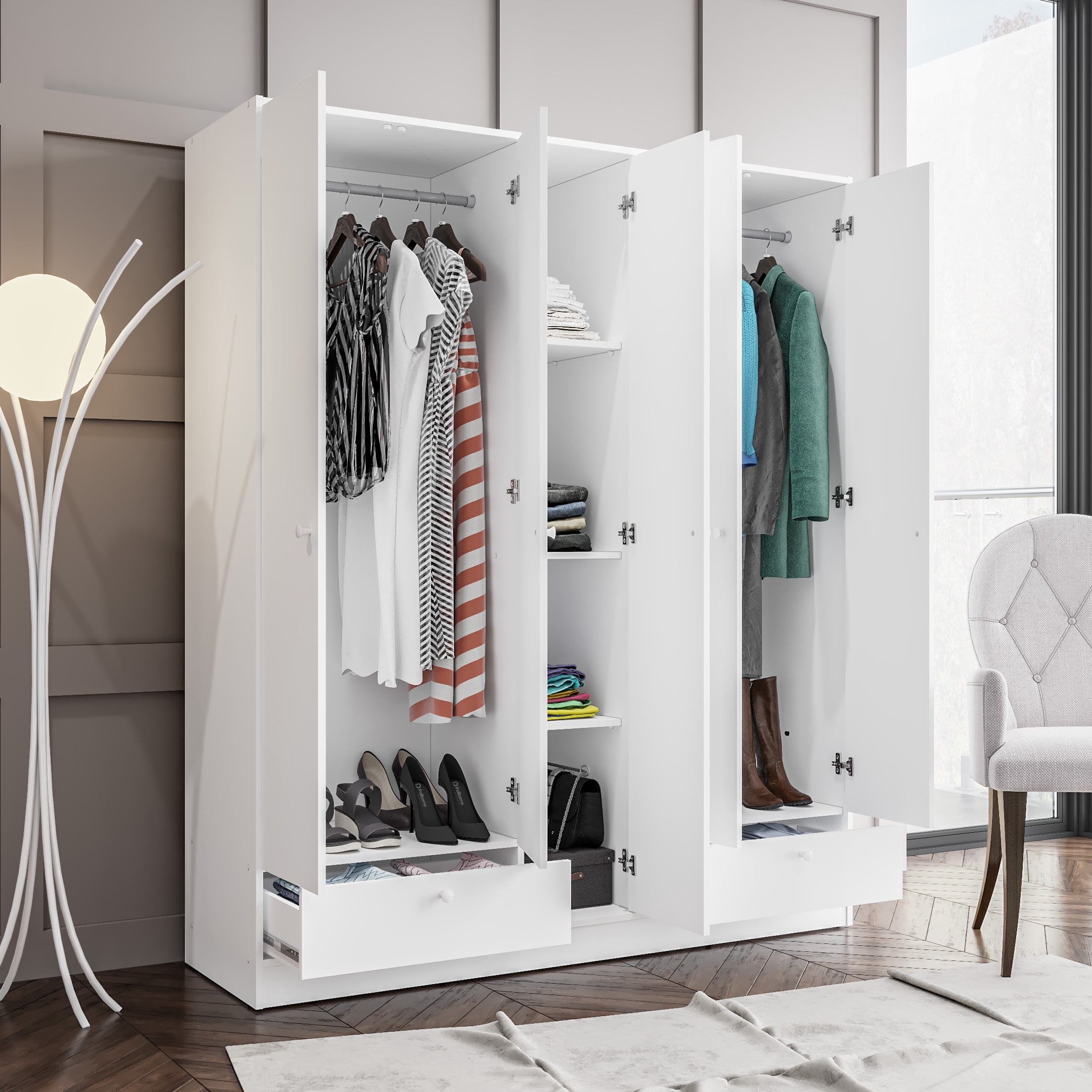 Polifurniture Denmark 71 in. 5 Door Adult Armoire with 2 Drawers, Shelves & 2 Hanging Rods, White Wood