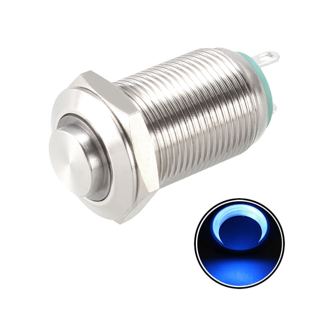 Interruptor de botón pulsador de metal de enclavamiento Uxcell Cabeza alta 12mm Diámetro de montaje 1NO Luz LED azul 12V