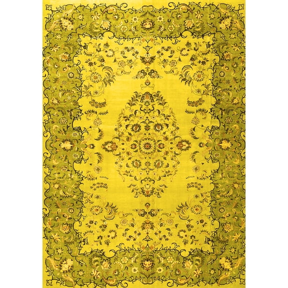 Ahgly Company Machine Washable Indoor Rectangle Persian Yellow Traditional Area Rugs, 5' x 7'