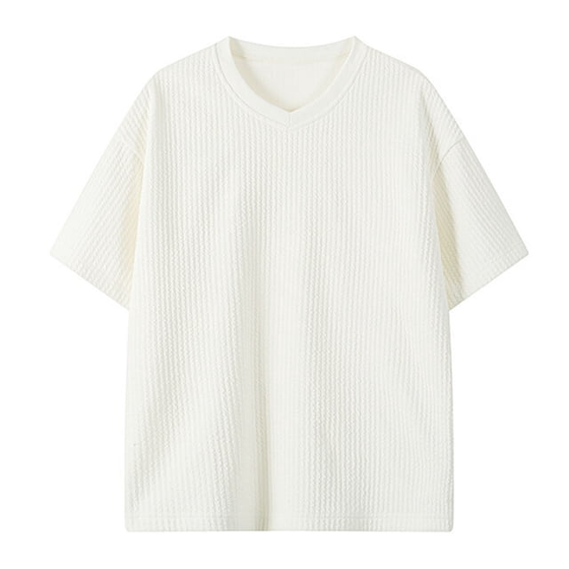 pstuiky Mangas cortas para hombre, Camisa informal de manga corta holgada con cuello redondo y dos capas de color liso para hombre ropa de hombre l