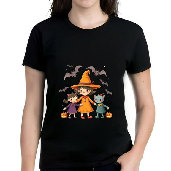 Cute Cartoon Witch Cat and Girl Halloween Cotton Short Sleeve T-Shirt - Fun Lanterns & Bats Design